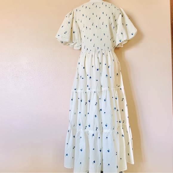 NoliaBae Ivory Lace Smocked Blueberry Print Maxi Dress with Puff Sleeves. - Picture 8 of 12